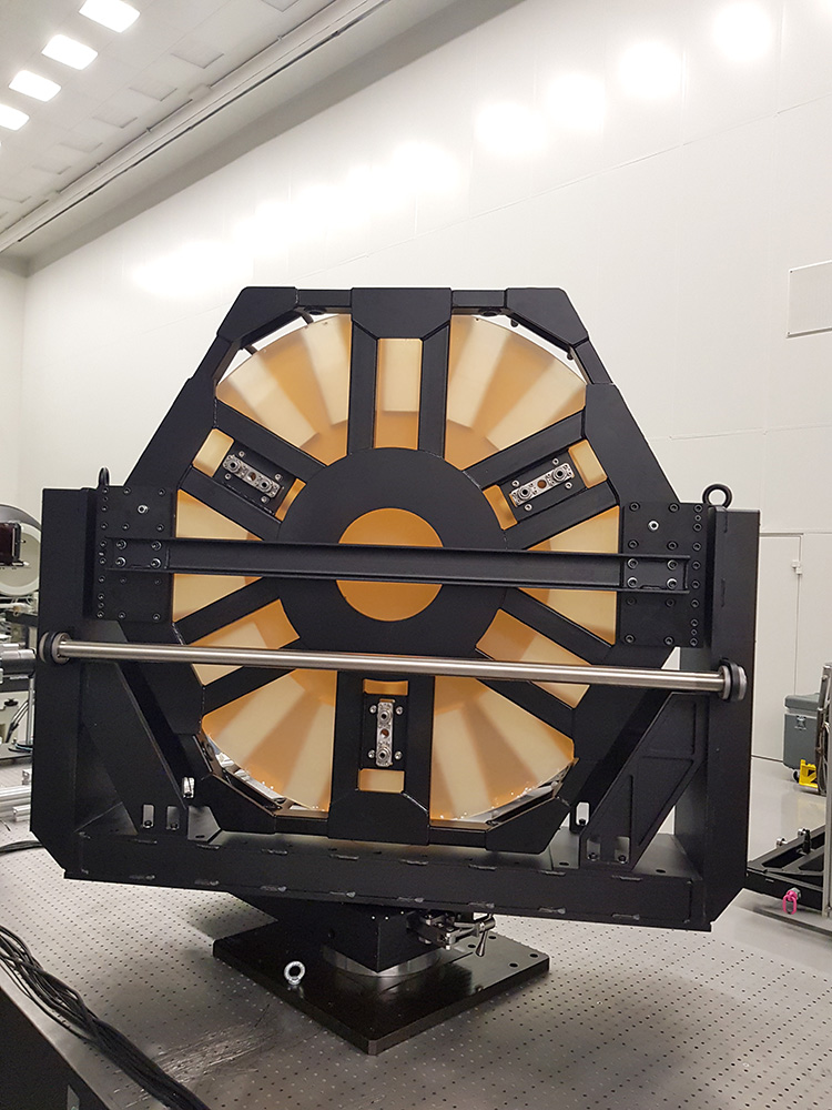 Back view of a large aperture (1200 mm) optical mirror installed in precision motorized optical mount 8LAOM-1200