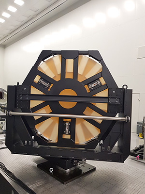 Back view of a large aperture (1200 mm) optical mirror installed in precision motorized optical mount 8LAOM-1200